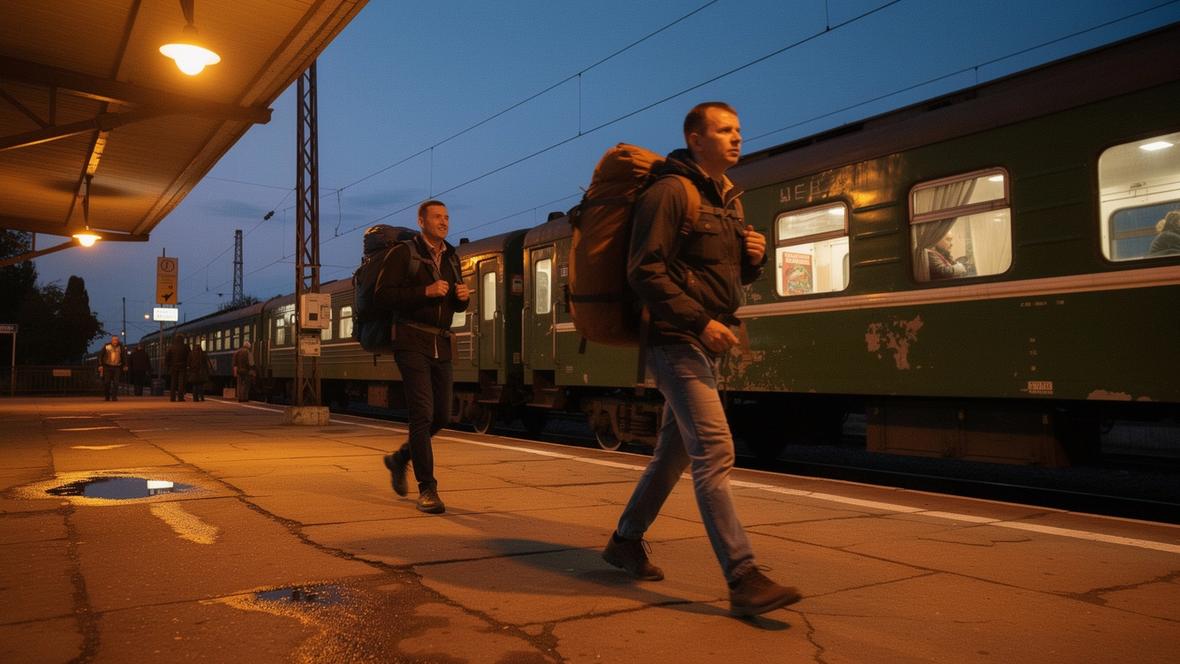 Three travellers with weekend bags waiting on an open-air night train platform in western Ukraine