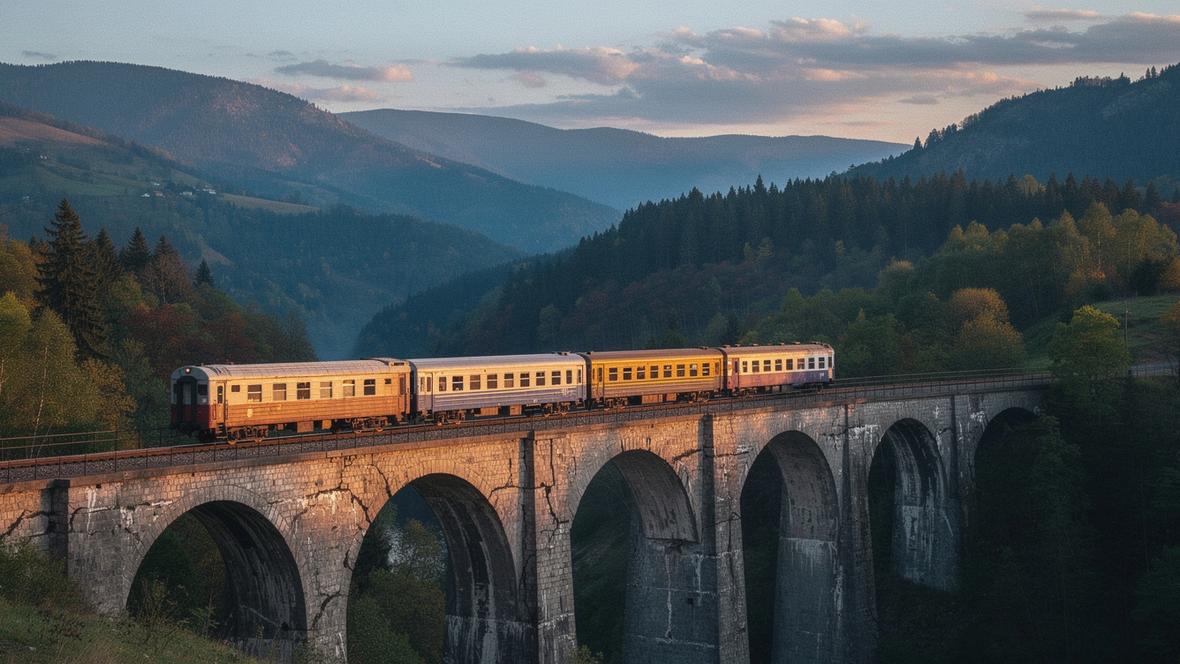 Passenger train crossing a stone viaduct in the Carpathians at dusk