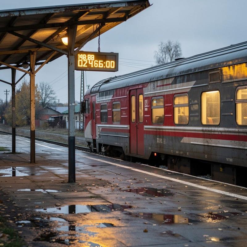 Night platform in western Ukraine with a waiting regional train and its departure board